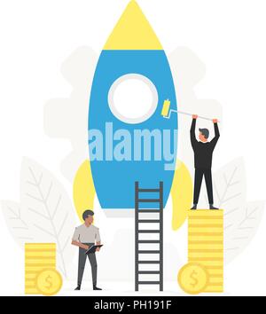 Startup business illustration people are building a rocket. Innovation technology start up. Spaceship launch to the sky. Stock Vector