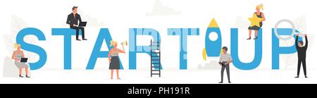 Big word Startup with small working people around it. Vector creative business banner for design concept. Illustration for presentations on white background Stock Vector