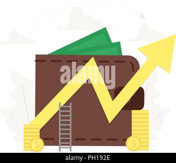 Big wallet with key and yellow arrow success before him. Investment, saving money business illustration. Stock Vector