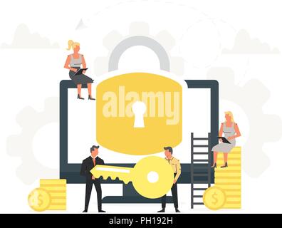 Vector illustration of computer and big lock on screen with small office people around it. Concept of security center, monitor with book, data protection, network secure. Stock Vector