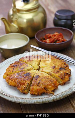 Bindae-tteok (bindaetteok or mung bean pancakes) cooking on an oil ...