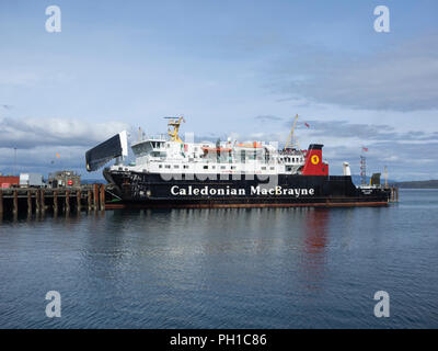 Caledonian MacBrayne ferry 'Lord of the Isles', with bow visor raised, at Mallaig harbour, Lochaber, west coast of Scotland Stock Photo