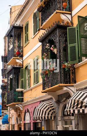 Gibraltar, Governor’s Street, ornate balconies of shops in local trading area on slopes of rock Stock Photo