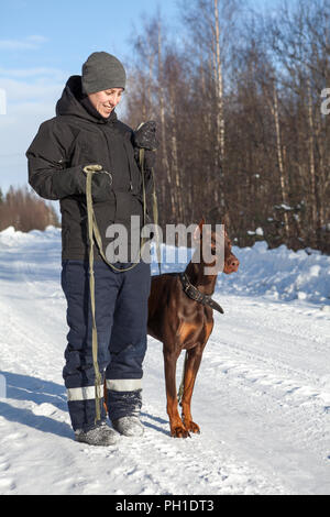 Young Caucasian woman owner standing next to doberman dog on winter road Stock Photo