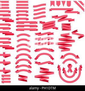 Pink ribbon vector clip art set of 64 flat ribbons and banners Stock Vector