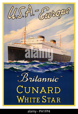 CUNARD BRITANNIC Vintage 1930’s Cruise Ship Ocean Liner Cunard ‘Brittanic’ White Star Line USA-Europe Stock Photo