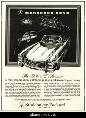 Vintage 1957 Mercedes-Benz luxury 300 SL Roadster 1957 Advertisement imported distributed serviced and sold by Studebaker-Packard Corporation Stock Photo