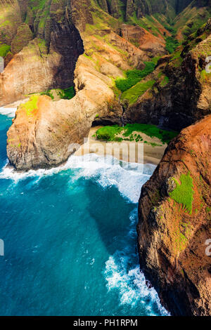 Honopu Arch and Honopu Beach on the Na Pali Coast (aerial), Napali ...