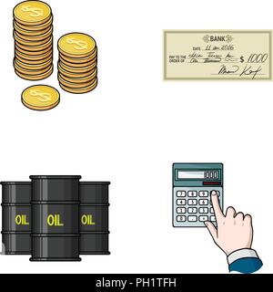 A stack of coins, a bank check, a calculator, black gold. Money and finance set collection icons in cartoon style vector symbol stock illustration web Stock Vector