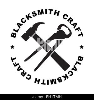Round blacksmith craft label with hammer and mites for your logo or design Stock Vector