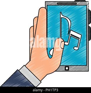 Hand holding smartphone with music scribble Stock Vector