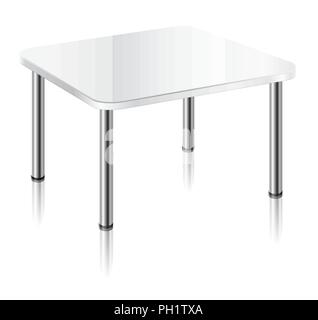 Modern square table with white glossy surface, chrome table legs and mirror shadow. Stock Vector