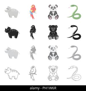 Animal hippopotamus, bamboo bear koala, parrot, poisonous snake. Animals set collection icons in cartoon black monochrome outline style vector symbol  Stock Vector