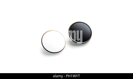 Blank black and white round gold lapel badge mock up, side view, 3d rendering. Empty luxury hard enamel pin mockup. Golden clasp-pin design template.  Stock Photo