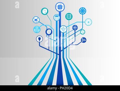 Quantum computing vector illustration with icons and tree structure branching out Stock Vector