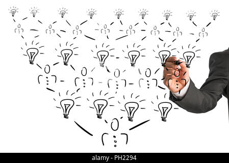 Hand of a businessman drawing on a virtual screen an organizational pyramidal chart where all members of different positions and levels have bright id Stock Photo