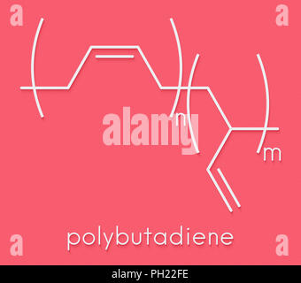 Polybutadiene (butadiene rubber) polymer, chemical structure. Used in manufacture of tires, golf balls, etc. Skeletal formula. Stock Photo