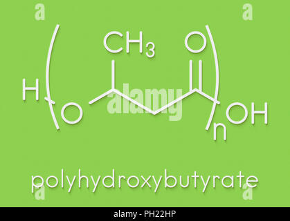 Polyhydroxybutyrate (PHB) biodegradable plastic, chemical structure. Polymer that is both bio-derived and compostable. Skeletal formula. Stock Photo