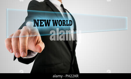 Businessman Pressing New World Text on Transparent Glass. Stock Photo