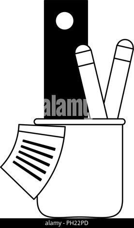 Pens and ruler inside cup in black and white Stock Vector