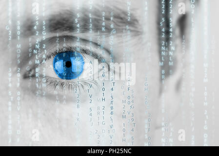 Futuristic image with human eye with blue iris and matrix texture. Stock Photo