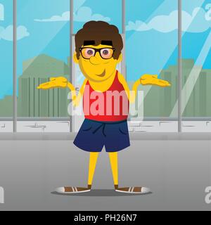 Yellow man shrugs shoulders expressing don't know gesture. Vector cartoon illustration. Stock Vector