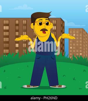 Yellow man shrugs shoulders expressing don't know gesture. Vector cartoon illustration. Stock Vector