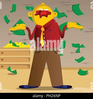 Yellow man shrugs shoulders expressing don't know gesture. Vector cartoon illustration. Stock Vector