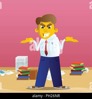 Yellow man shrugs shoulders expressing don't know gesture. Vector cartoon illustration. Stock Vector