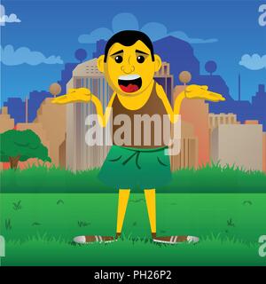 Yellow man shrugs shoulders expressing don't know gesture. Vector cartoon illustration. Stock Vector