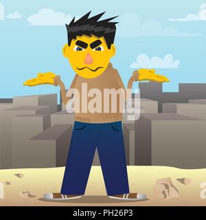 Yellow man shrugs shoulders expressing don't know gesture. Vector cartoon illustration. Stock Vector