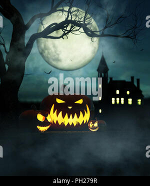 Halloween pumpkin in the forest at night with castle and the moon background,3d illustration for halloween concept background Stock Photo