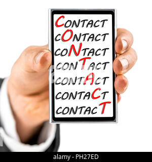 Word contact emphasized on smart phone screen. Stock Photo