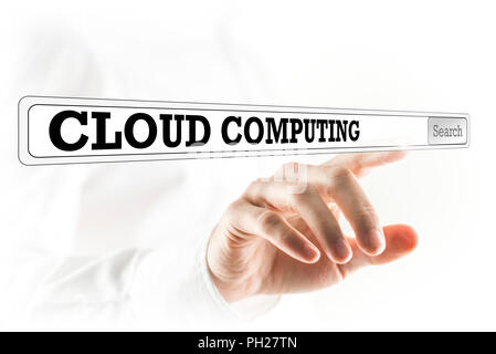Cloud computing written in a navigation bar on a virtual interface with a businessman reaching out his finger to activate the search button from behin