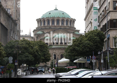 Cathedral Church Sveta Nedelya, Eastern Orthodox church in Sofia, Bulgaria. Viewed from Saborna Street. Stock Photo