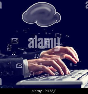 Businessman typing on a computer keyboard against a background of a blackboard with hand-drawn application icons and a cloud conception of cloud stora Stock Photo