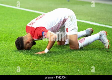 Salzburg, Austria August 29, 2018: CL - Quali - 18/19 - RB Salzburg Vs. Red Star Belgrade Munas Dabbur (FC Salzburg), cheers for his goal to 1: 0. jubilation/joy/emotion/goaljubel/goalkeeper/goalprotection/| usage worldwide Stock Photo