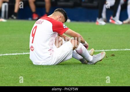 Salzburg, Austria August 29, 2018: CL - Quali - 18/19 - RB Salzburg Vs. Red Star Belgrade Munas Dabbur (FC Salzburg), sitting at ground, action/single image/cut out/dissatisfied/disappointed/disappointed/dejected/frustratedriert/| Stock Photo