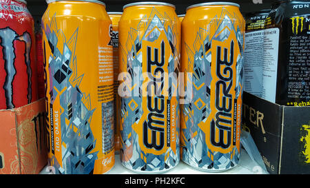 London. UK 30 Aug 2018 - Monster energy drinks for sale in a supermarket.  British Prime Minister Theresa May has announced that the UK government will ban the sale of Red Bull, Monster and other energy drinks to children under 18 year olds in England amid growing concern about the impact that the high-caffeine, high-sugar drinks are having on young peopleÕs health.  Credit: Dinendra Haria/Alamy Live News Stock Photo