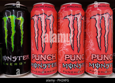 London. UK 30 Aug 2018 - Monster energy drinks for sale in a supermarket.  British Prime Minister Theresa May has announced that the UK government will ban the sale of Red Bull, Monster and other energy drinks to children under 18 year olds in England amid growing concern about the impact that the high-caffeine, high-sugar drinks are having on young peopleÕs health.  Credit: Dinendra Haria/Alamy Live News Stock Photo