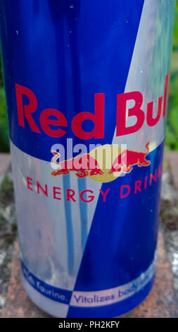 London. UK 30 Aug 2018 - A Red Bull energy drink.  British Prime Minister Theresa May has announced that the UK government will ban the sale of Red Bull, Monster and other energy drinks to children under 18 year olds in England amid growing concern about the impact that the high-caffeine, high-sugar drinks are having on young peopleÕs health.  Credit: Dinendra Haria/Alamy Live News Stock Photo