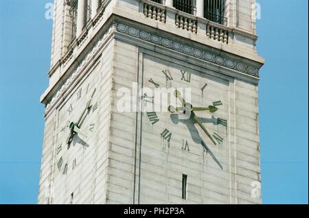 Detail view of clock facade on Sather Tower, aka the Campanile, on the campus of UC Berkeley in downtown Berkeley, California, May 21, 2018. () Stock Photo