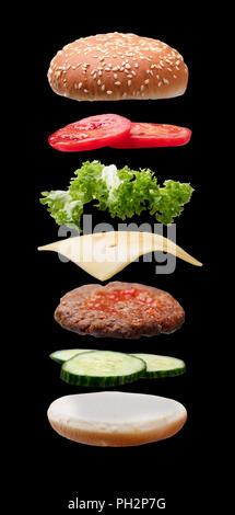 Close-up Of Hamburger Ingredients On Black Background Stock Photo