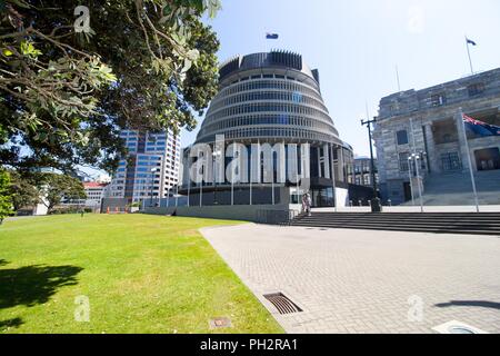 'Beehive' building at the New Zealand Parliament on Lambton Quay in downtown Wellington, New Zealand, November 28, 2017. () Stock Photo