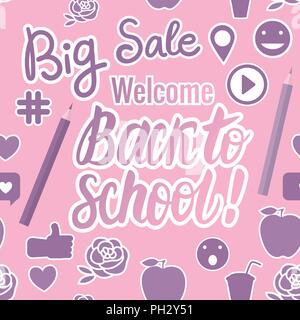 Seamless banner with the inscription lettering Back to school big sale. Vector illustration isolated on pink background. Stock Vector