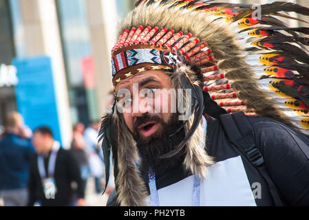 Moscow, Russia, June 14 2018 Football supporter fan near Luzhniki Stadium before the opening of the World Cup Stock Photo