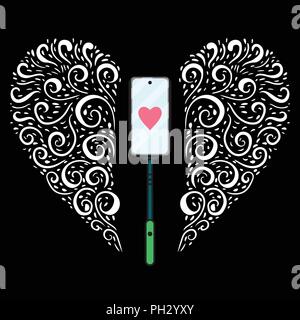 Valentine's Day. Heart white hand drawn curls. Selfie stick icon. Modern vector illustration isolated on a black background. Concept sign a blogger broadcast in social networks. Stock Vector