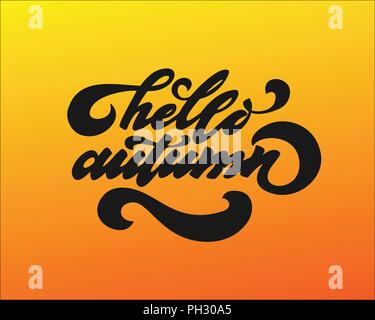 Hello autumn. Hand drawn calligraphy and brush pen lettering. design for holiday greeting card and invitation of seasonal autumn holiday. black on white Stock Vector