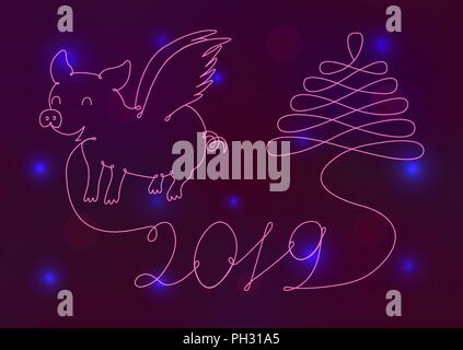 Abstract New Year symbol 2019 on a neon background Stock Vector