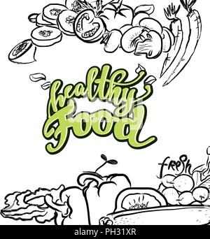 healthy Food lettering. Nice calligraphic artwork for greeting cards, poster pints or wall art. Hand-drawn outlined vector sketch. Stock Vector